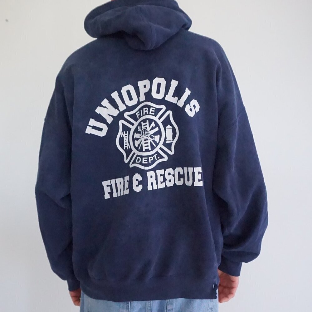 Vintage '90s Gildan Navy Uniopolis Fire & Rescue Cotton Hoodie Sweatshirt 2XL